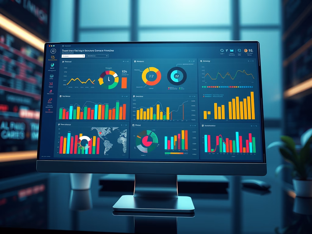 Modern business intelligence dashboard with colorful charts and graphs showing Power BI data visualization service