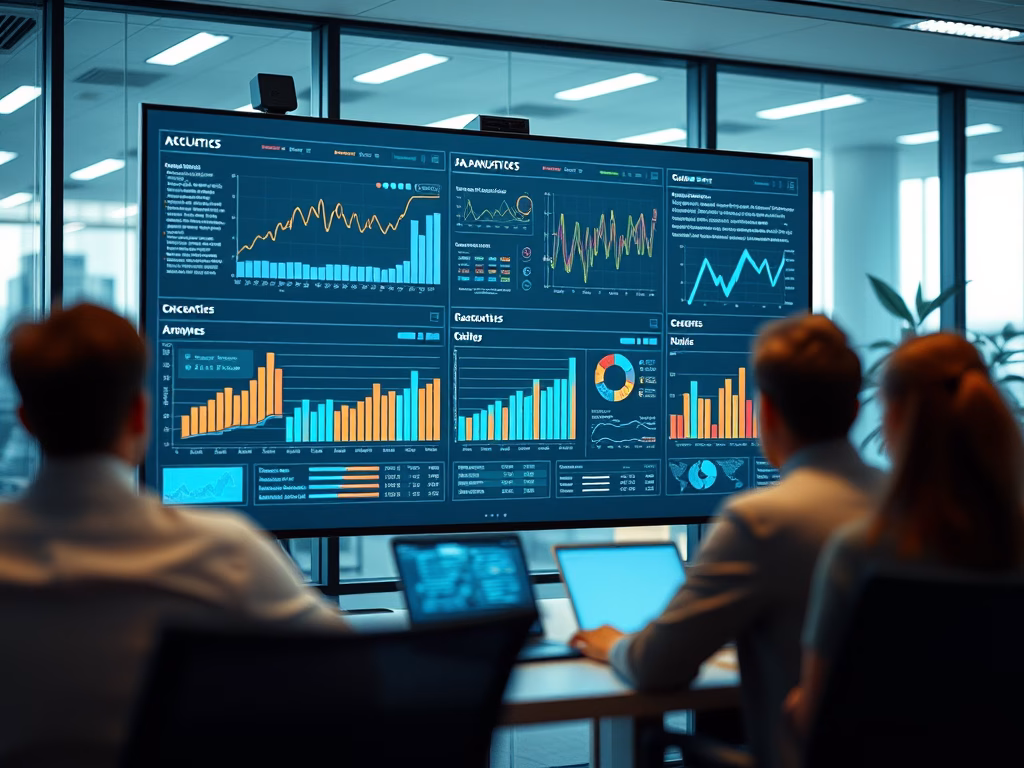 Sleek analytics dashboard on monitor displaying real-time business intelligence data visualization metrics